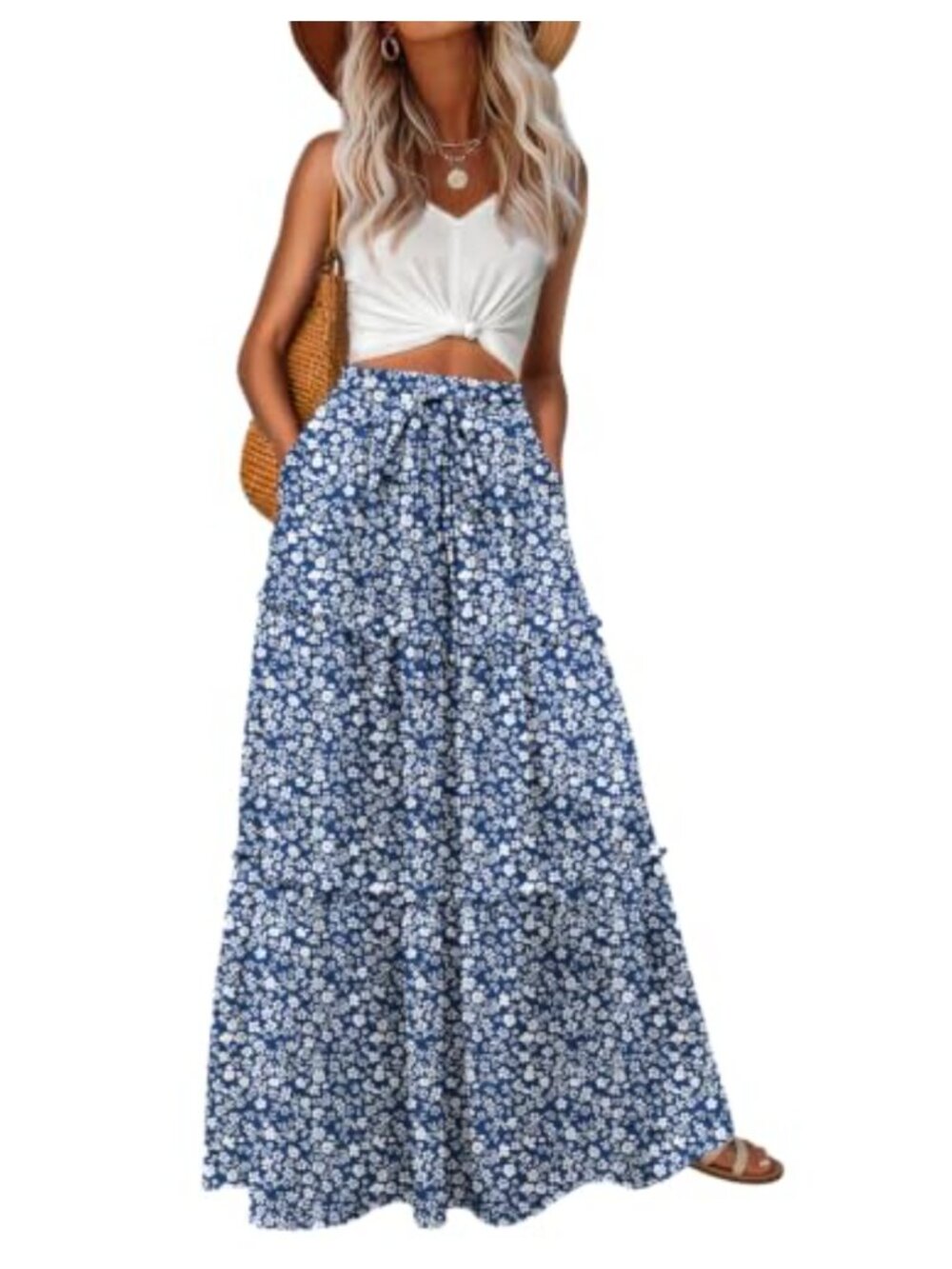Women's Flowy Maxi Skirt with Pockets Elastic Waist Pleated A-Line Long Skirt
